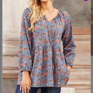 Blue Floral Pleated Shoulder Tunic- Size 3X